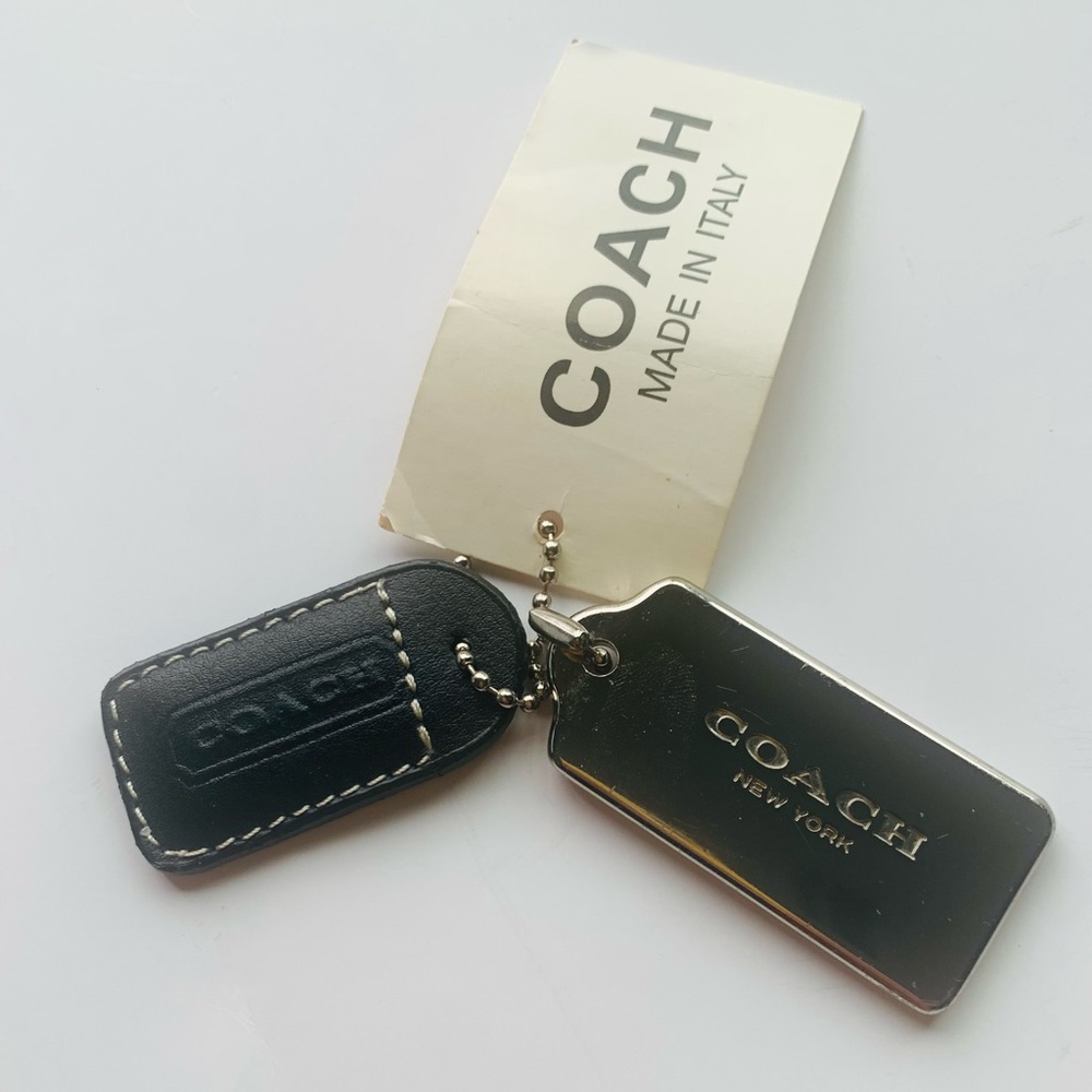 COACH Y2K Black Leather & Silver Tag Keychain Hang Tag Bag Charm 2x1”